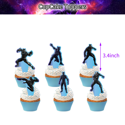 Black Panther Avengers Theme Party Balloon Birthday Decoration Set featuring a birthday banner, mini cake toppers, dynamic balloons, a large cake topper, adhesive sheet, and coil. Perfect for Black Panther-themed parties and birthdays in Auckland, NZ