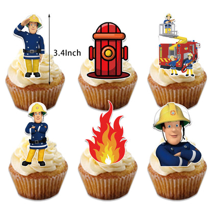 Fireman Sam Theme Party Balloon Birthday Decoration Set featuring a birthday banner, mini cake toppers, colorful balloons, a large cake topper, and spirals. Perfect for Fireman Sam-themed parties and birthdays in Auckland, NZ