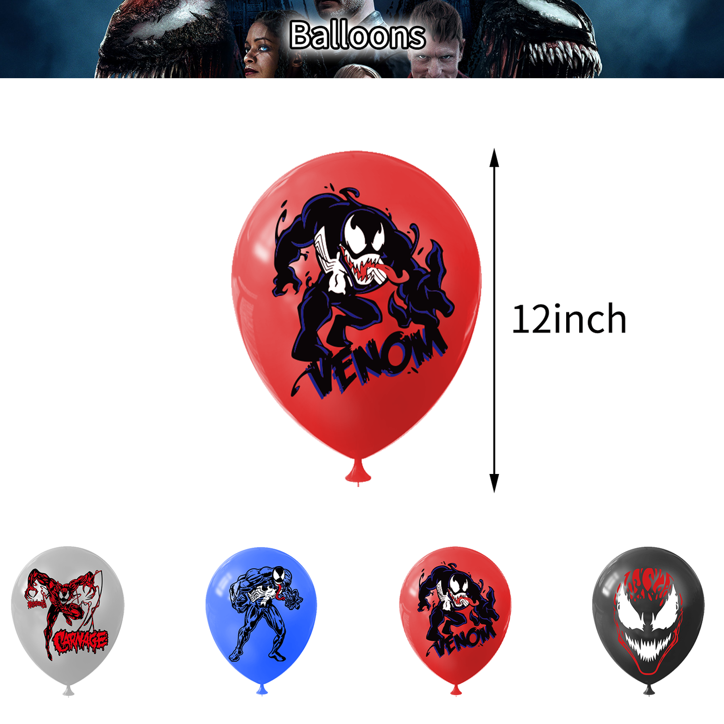 Venom Theme Party Balloon Birthday Decoration Set featuring a birthday banner, mini cake toppers, eye-catching balloons, a large cake topper, adhesive sheet, and coil. Perfect for Venom-themed parties and birthdays in Auckland, NZ