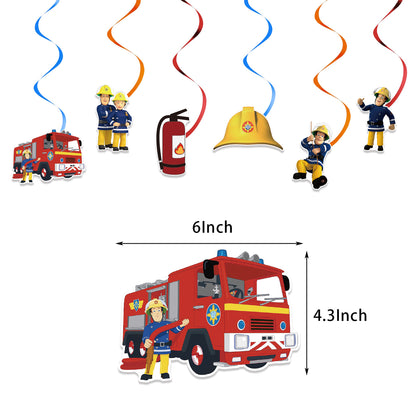 Fireman Sam Theme Party Balloon Birthday Decoration Set featuring a birthday banner, mini cake toppers, colorful balloons, a large cake topper, and spirals. Perfect for Fireman Sam-themed parties and birthdays in Auckland, NZ