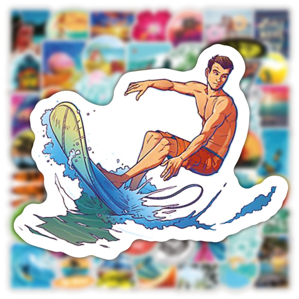 100Pcs Summer Beach Surfing Sticker Set featuring vibrant, fun designs perfect for decorating laptops, water bottles, and notebooks - PARTYMART NZ