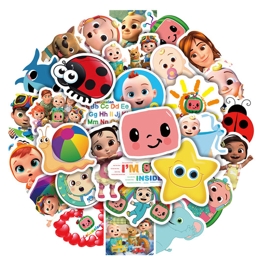 50Pcs Cocomelon Sticker Set featuring vibrant stickers of JJ and friends, ideal for decorating laptops, water bottles, and notebooks - PARTYMART NZ. Perfect for Cocomelon-themed parties and birthday gifts