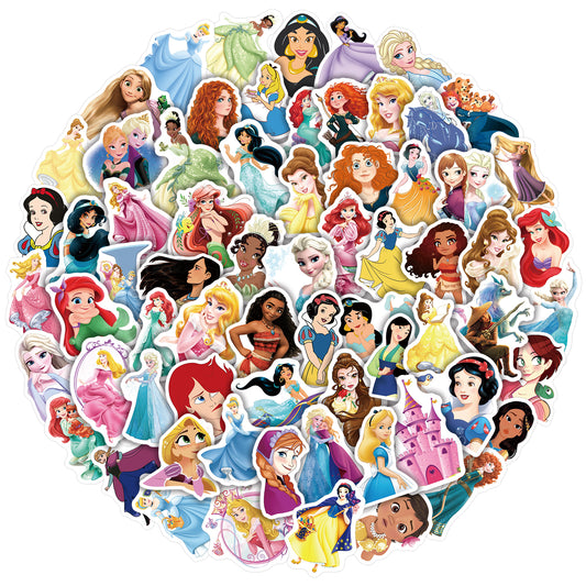 100Pcs Disney Princess Sticker Set featuring beloved characters like Cinderella, Ariel, and Belle for decorating laptops, water bottles, and notebooks - PARTYMART NZ. Perfect for party favors and birthday gifts.