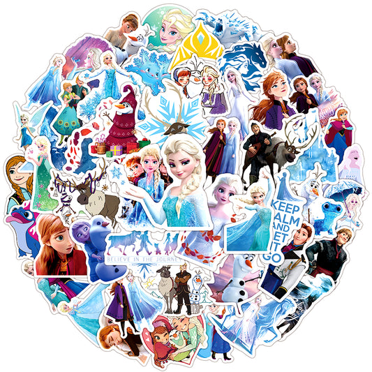 50Pcs Frozen Elsa Sticker Set featuring Elsa, Anna, and Olaf, perfect for decorating notebooks, water bottles, and party favors - PARTYMART NZ. Ideal for Frozen-themed birthday parties and creative projects