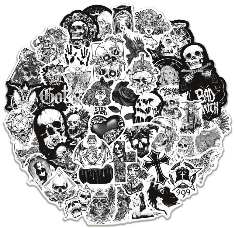 100Pcs Black and White Gothic Horror Sticker Set featuring spooky, unique designs perfect for decorating laptops, water bottles, and notebooks - PARTYMART NZ