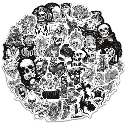 100Pcs Black and White Gothic Horror Sticker Set featuring spooky, unique designs perfect for decorating laptops, water bottles, and notebooks - PARTYMART NZ