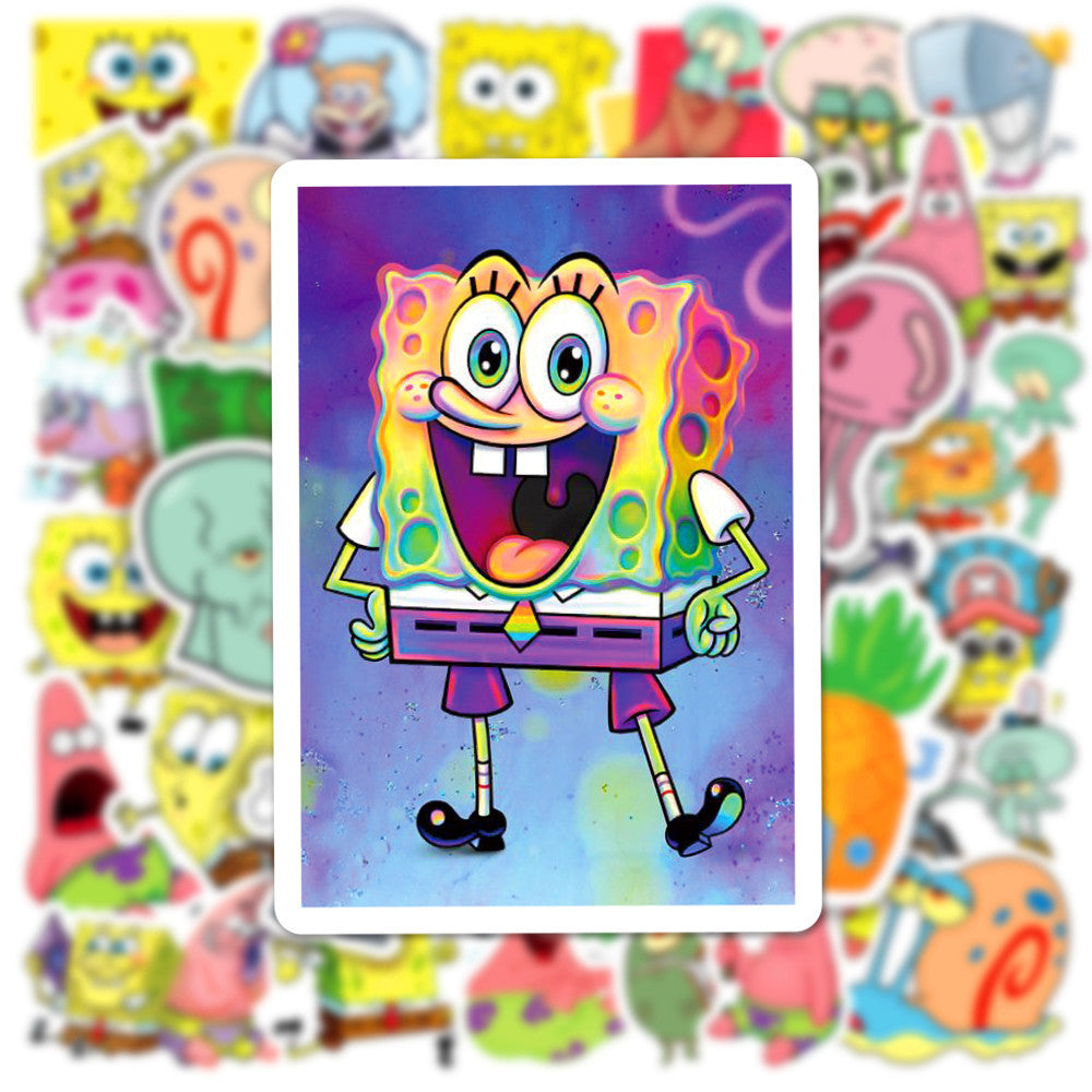 50Pcs SpongeBob SquarePants Sticker Set featuring vibrant, fun designs perfect for decorating laptops, water bottles, and notebooks - PARTYMART NZ.