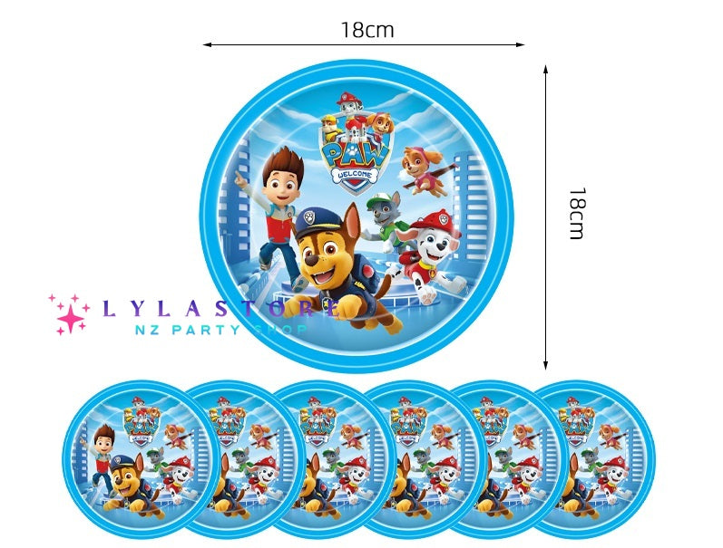 Paw Patrol Birthday Party Plates - 6pcs Set featuring vibrant designs of popular Paw Patrol characters. Perfect for themed birthday parties and celebrations in Auckland, NZ