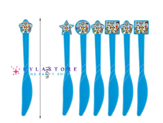 Paw Patrol Birthday Party Knives - 6pcs Set featuring colorful designs of popular Paw Patrol characters. Perfect for birthday parties, school events, and celebrations in Auckland, NZ.