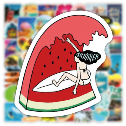 100Pcs Summer Beach Surfing Sticker Set featuring vibrant, fun designs perfect for decorating laptops, water bottles, and notebooks - PARTYMART NZ