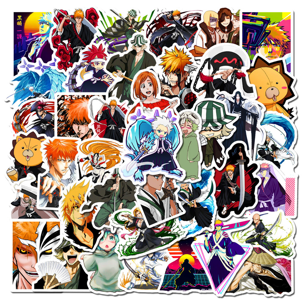 50Pcs Bleach Japanese Anime Sticker Set featuring vibrant, detailed designs perfect for decorating laptops, water bottles, and notebooks - PARTYMART NZ