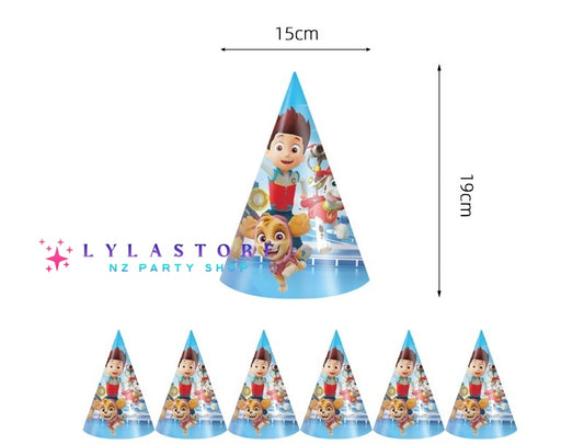 Paw Patrol Birthday Party Hats- 6pcs Set featuring colorful designs of popular Paw Patrol characters. Perfect for birthday parties, school events, and celebrations in Auckland, NZ