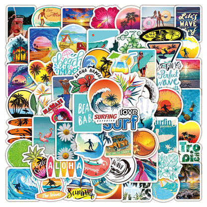 100Pcs Summer Beach Surfing Sticker Set featuring vibrant, fun designs perfect for decorating laptops, water bottles, and notebooks - PARTYMART NZ