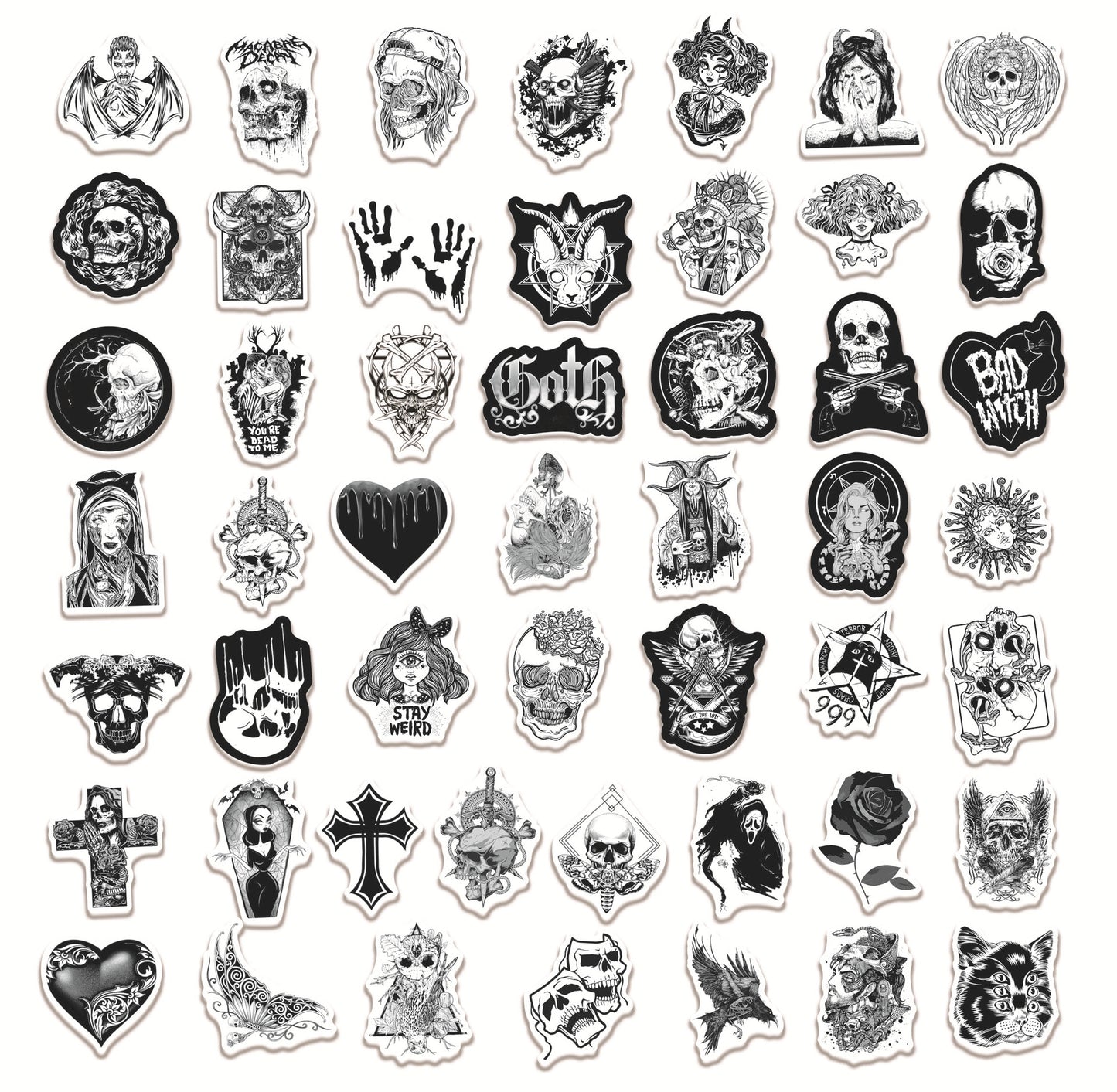 100Pcs Black and White Gothic Horror Sticker Set featuring spooky, unique designs perfect for decorating laptops, water bottles, and notebooks - PARTYMART NZ