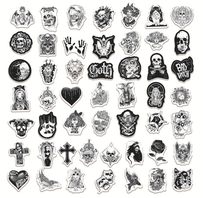 100Pcs Black and White Gothic Horror Sticker Set featuring spooky, unique designs perfect for decorating laptops, water bottles, and notebooks - PARTYMART NZ