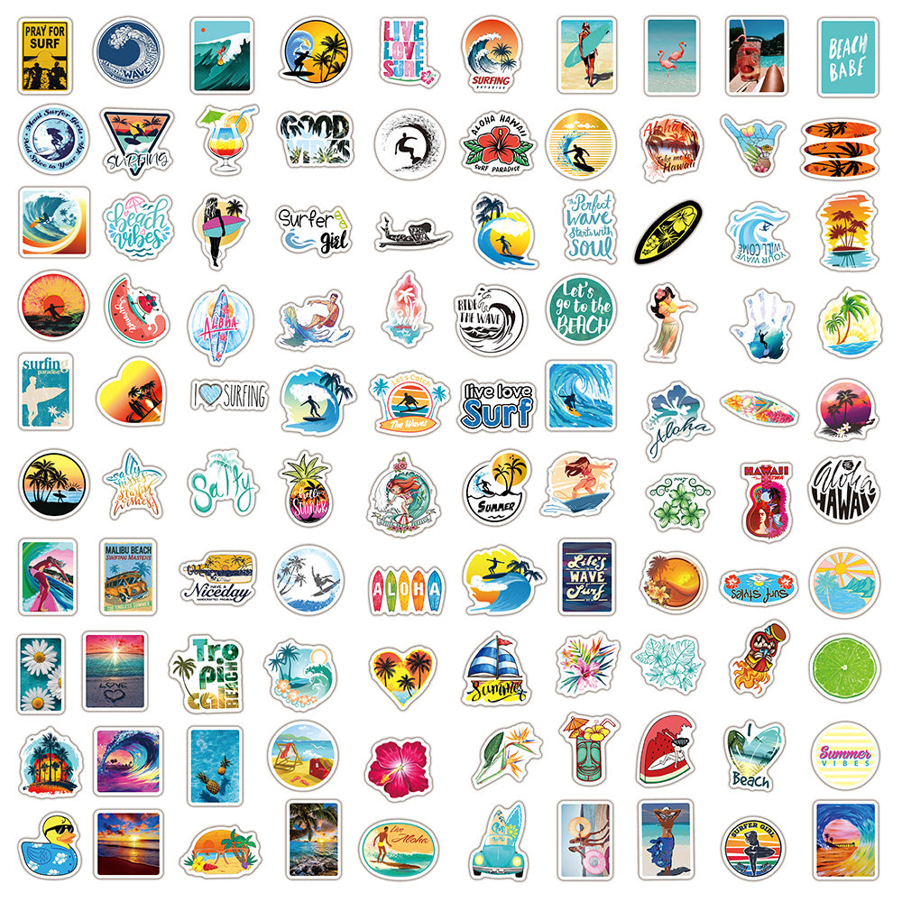 100Pcs Summer Beach Surfing Sticker Set featuring vibrant, fun designs perfect for decorating laptops, water bottles, and notebooks - PARTYMART NZ