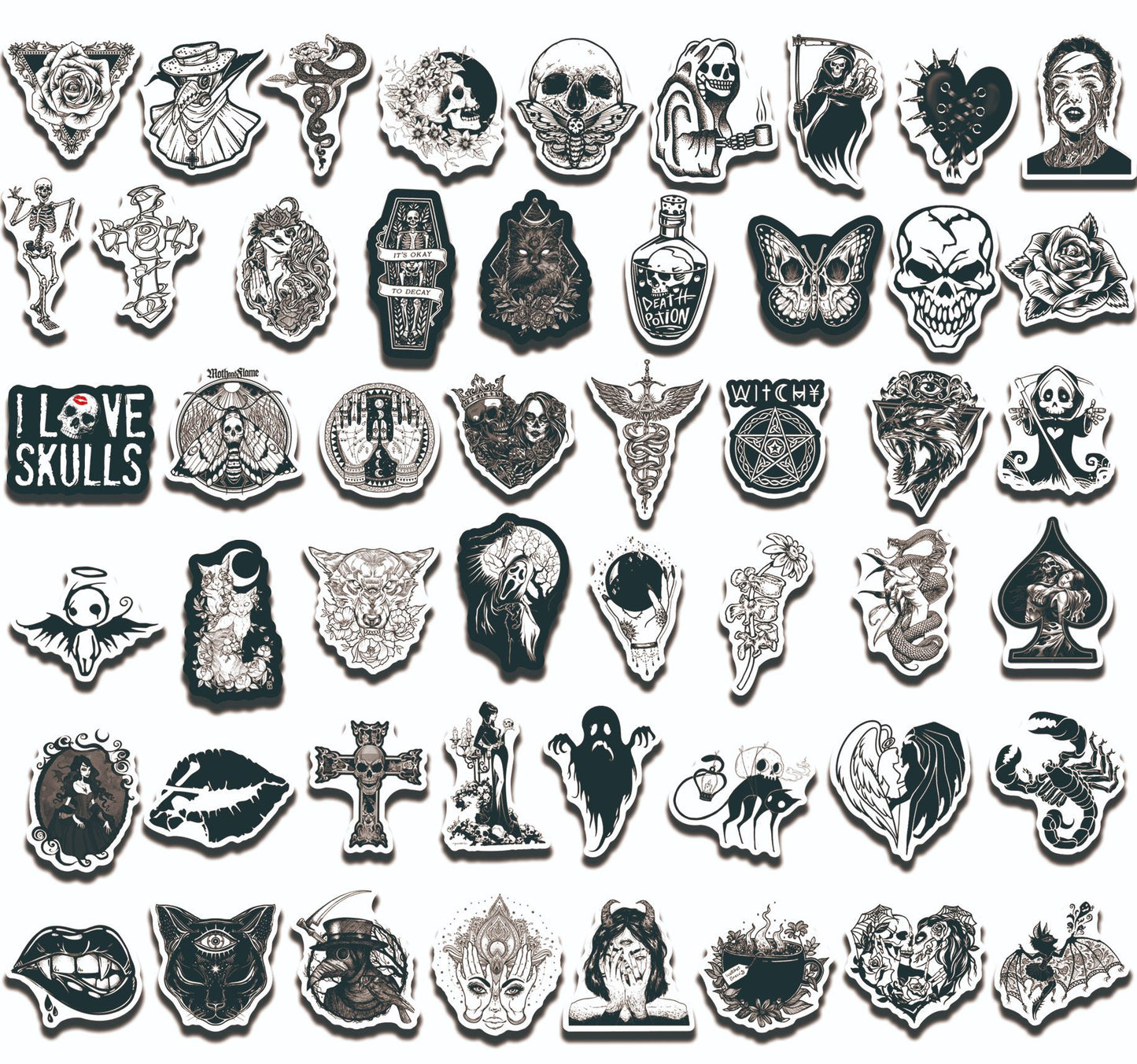 100Pcs Black and White Gothic Horror Sticker Set featuring spooky, unique designs perfect for decorating laptops, water bottles, and notebooks - PARTYMART NZ