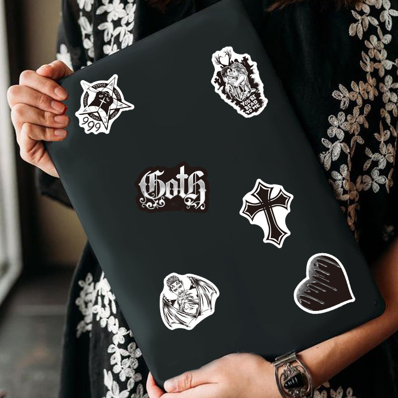 100Pcs Black and White Gothic Horror Sticker Set featuring spooky, unique designs perfect for decorating laptops, water bottles, and notebooks - PARTYMART NZ