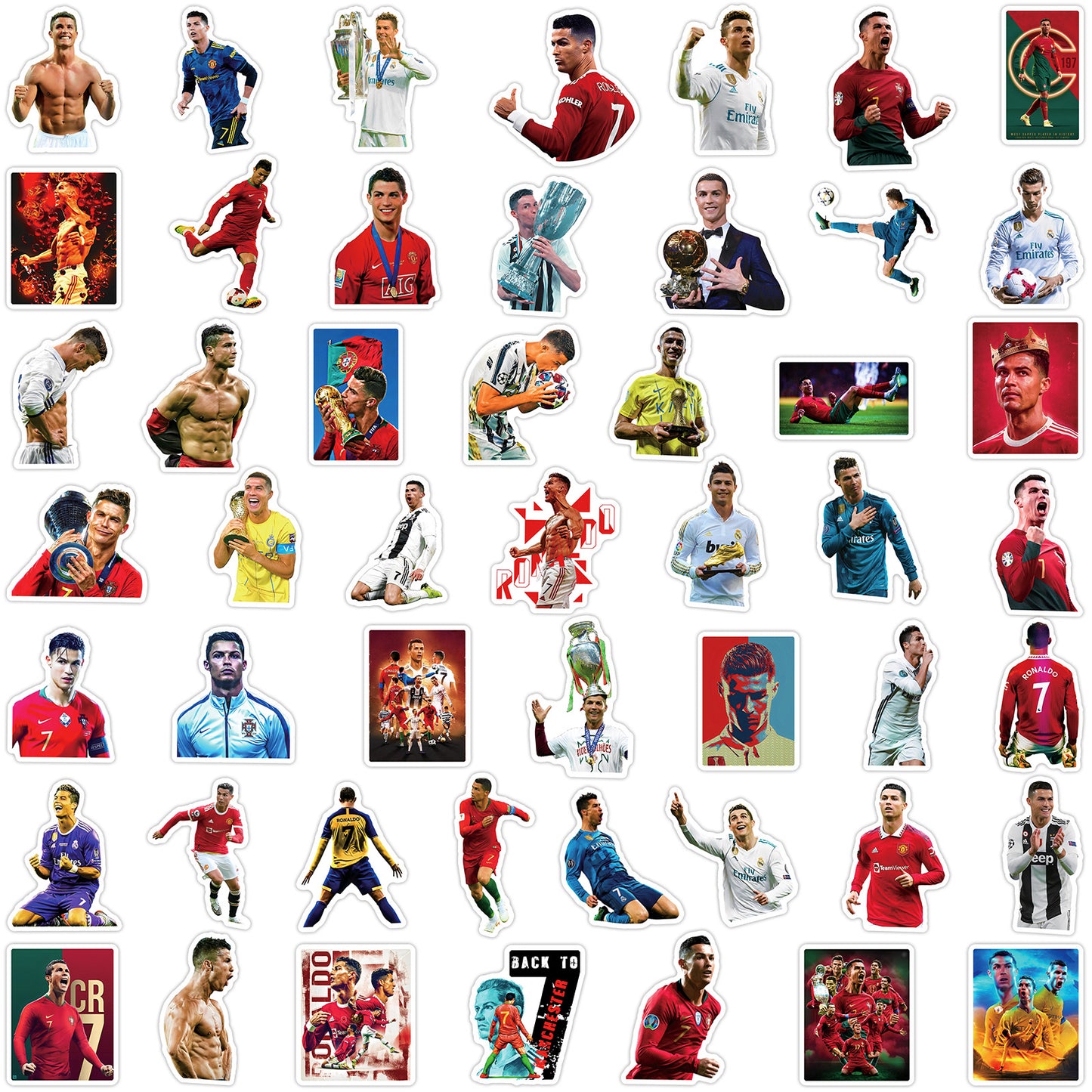 50Pcs Ronaldo Football Sticker Set featuring iconic football designs perfect for decorating laptops, water bottles, and notebooks - PARTYMART NZ