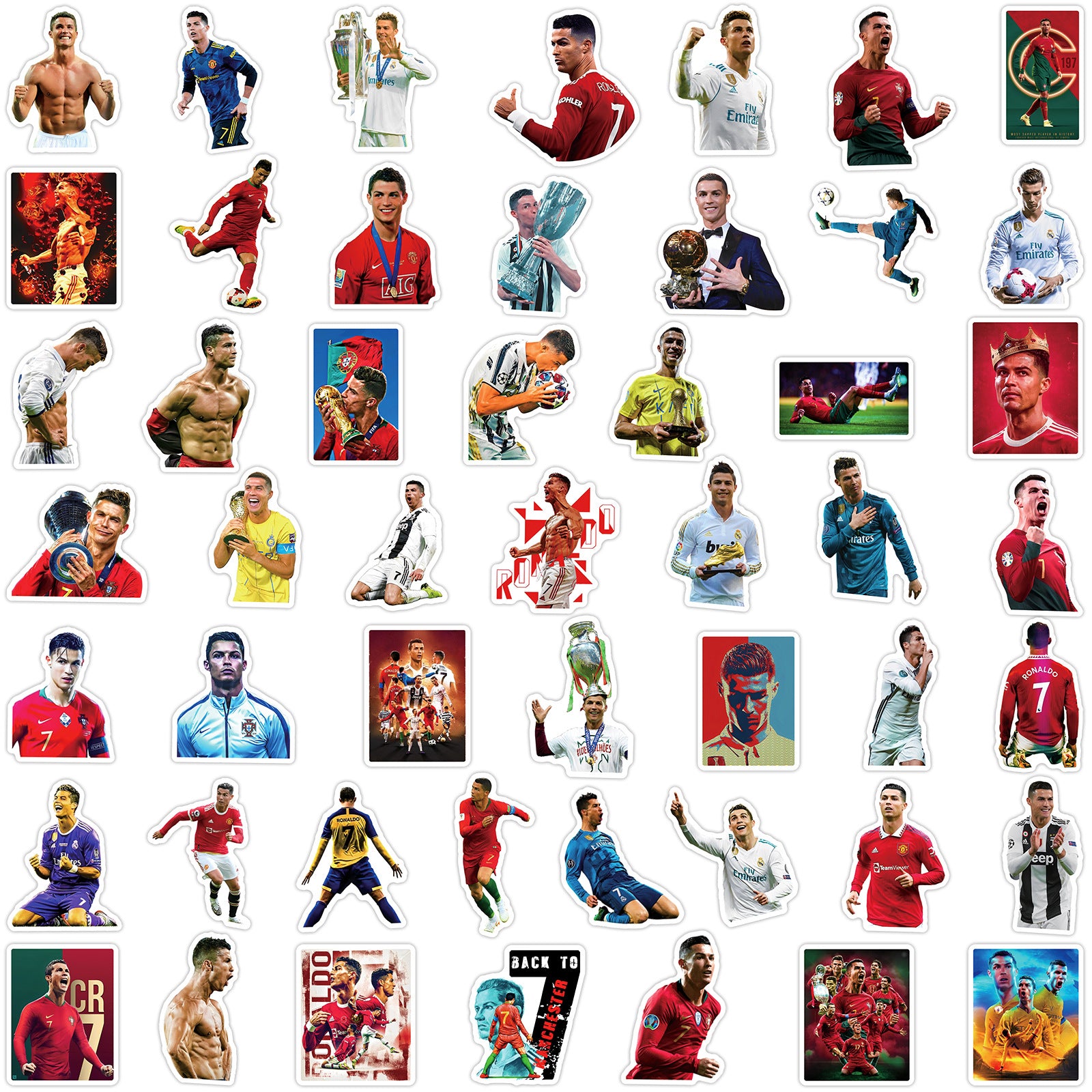 50Pcs Ronaldo Football Sticker Set featuring iconic football designs perfect for decorating laptops, water bottles, and notebooks - PARTYMART NZ