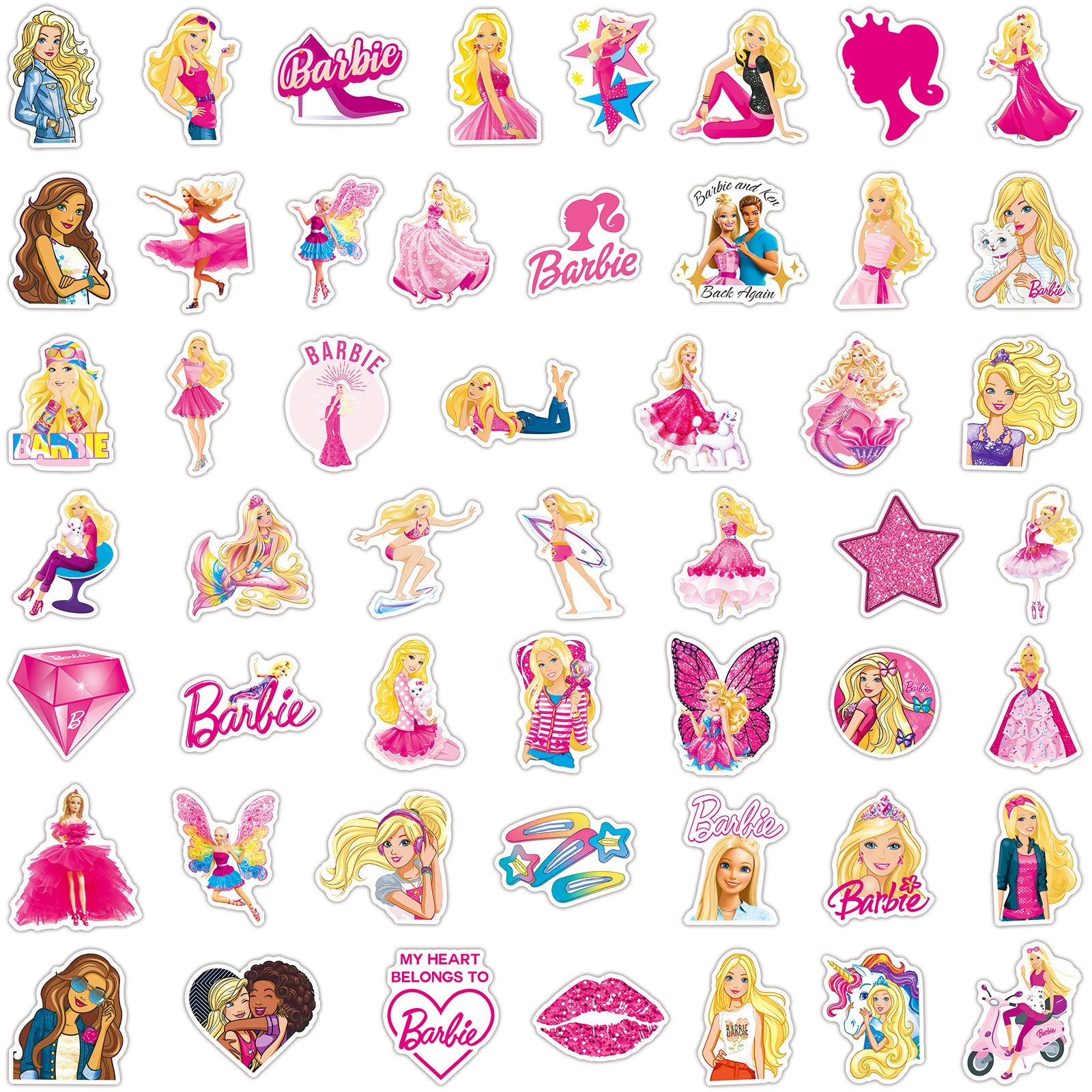 50Pcs Barbie Sticker Set featuring vibrant, glamorous designs perfect for decorating laptops, water bottles, and notebooks - PARTYMART NZ