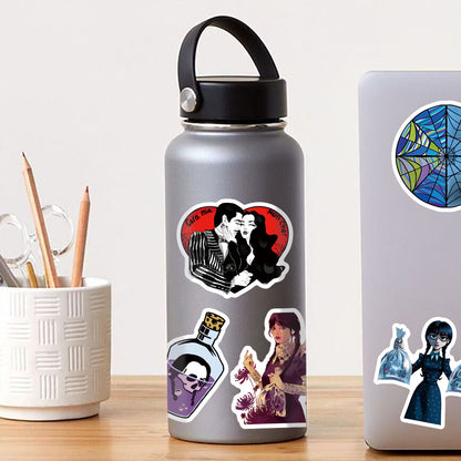 50Pcs Wednesday Sticker Set featuring creative designs inspired by the popular TV series, perfect for decorating laptops, water bottles, and notebooks - PARTYMART NZ