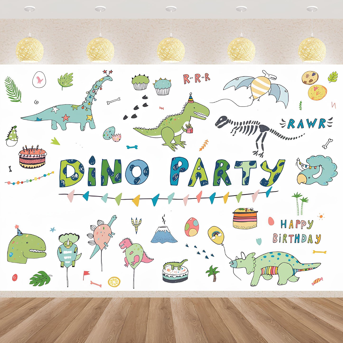 Dinosaur Birthday Party Backdrop - 5x7FT polyester featuring colorful friendly dinosaurs. Perfect for birthday parties and celebrations in Auckland, NZ.