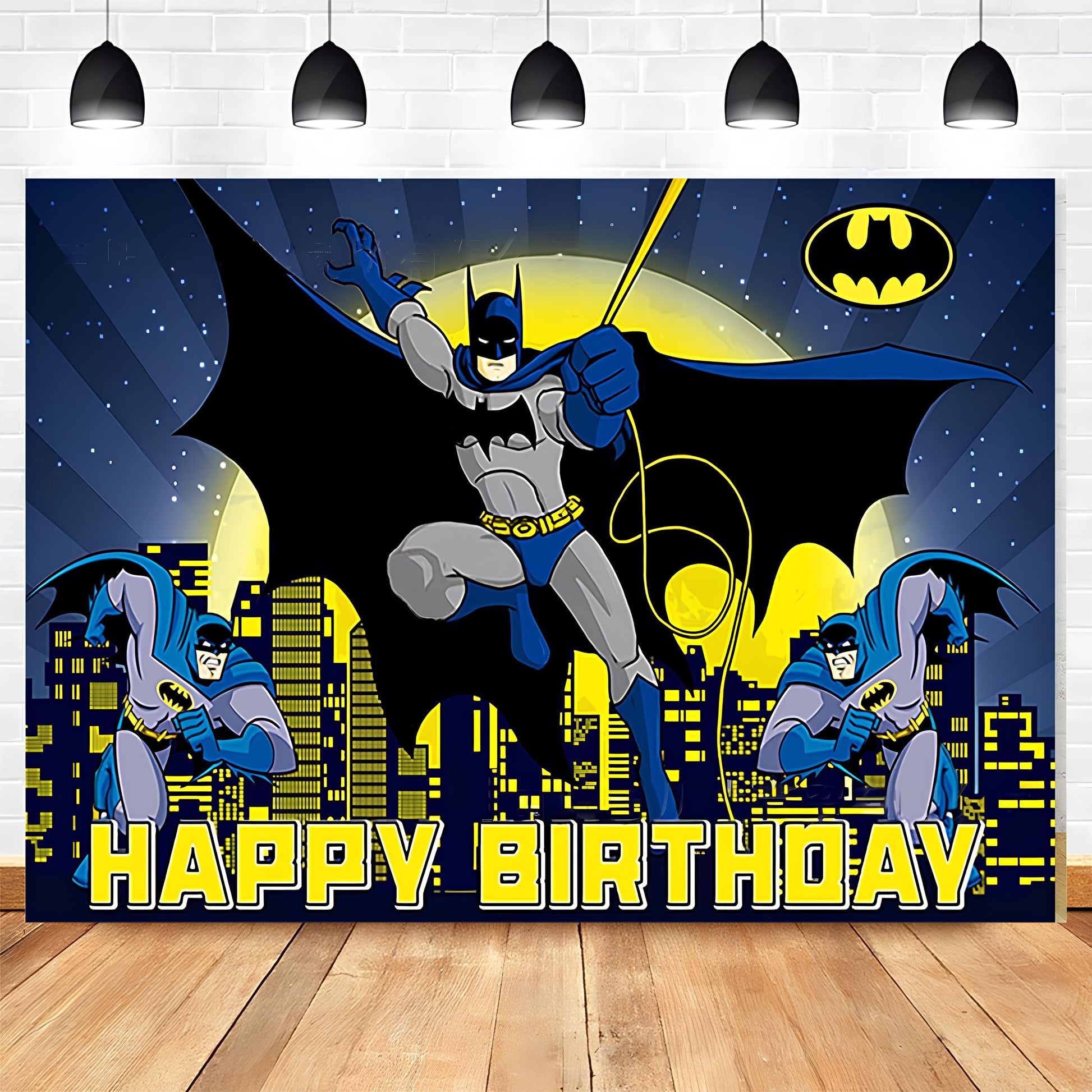 Batman Birthday Party Backdrop - 5x7FT polyester backdrop featuring Batman and Gotham designs. Perfect for superhero-themed birthday parties and events in Auckland, NZ.