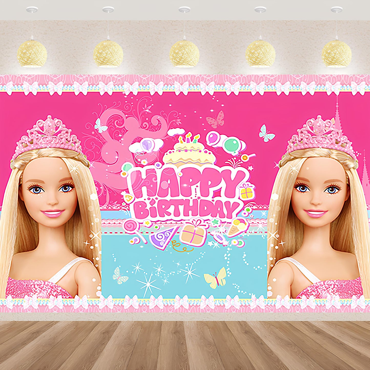 Barbie Birthday Party Backdrop - 5x7FT polyester featuring enchanting Barbie designs. Perfect for birthday parties and themed celebrations in Auckland, NZ