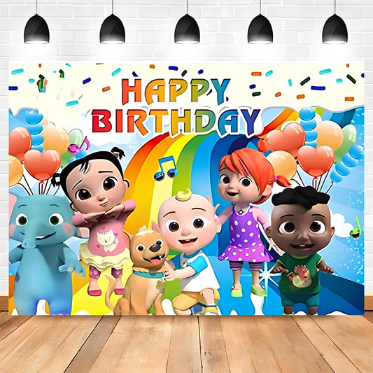 Cocomelon Birthday Party Backdrop - 5x7FT polyester featuring colorful designs of popular Cocomelon characters. Ideal for birthday parties and celebrations in Auckland, NZ