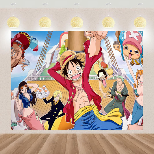 One Piece Birthday Party Backdrop - 5x7FT polyester featuring vibrant designs of beloved One Piece characters. Ideal for birthday parties and anime-themed celebrations in Auckland, NZ